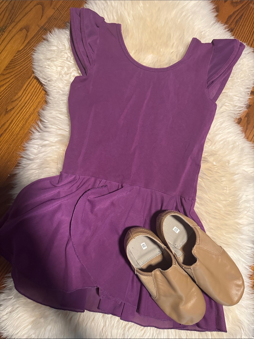 Girls Purple/Aubergine Skirted Leotard with Tan Jazz Shoes